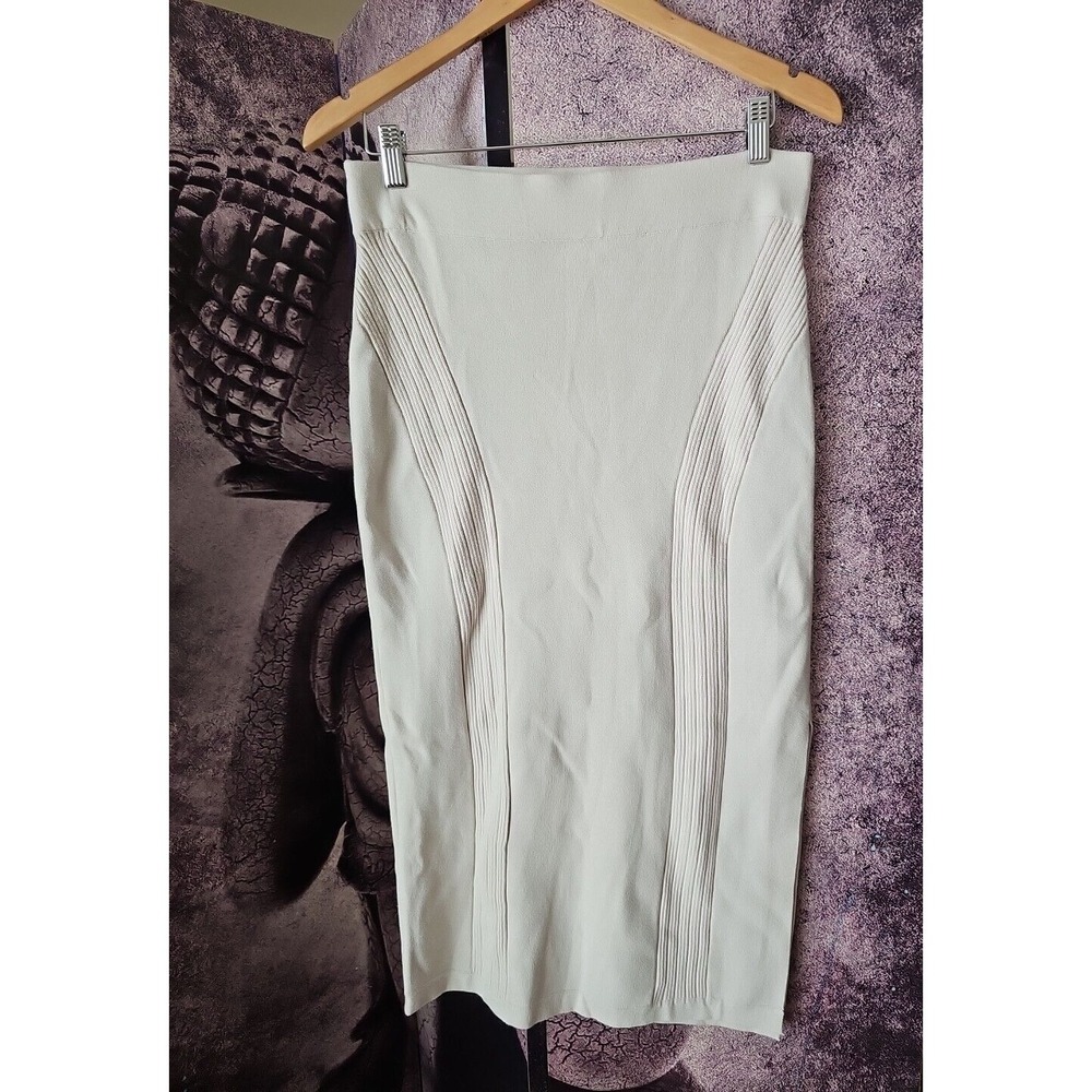 TOCCIN (NY) Beige Stretch Knit Midi Length Side Slit Pencil Skirt Size L YJ01